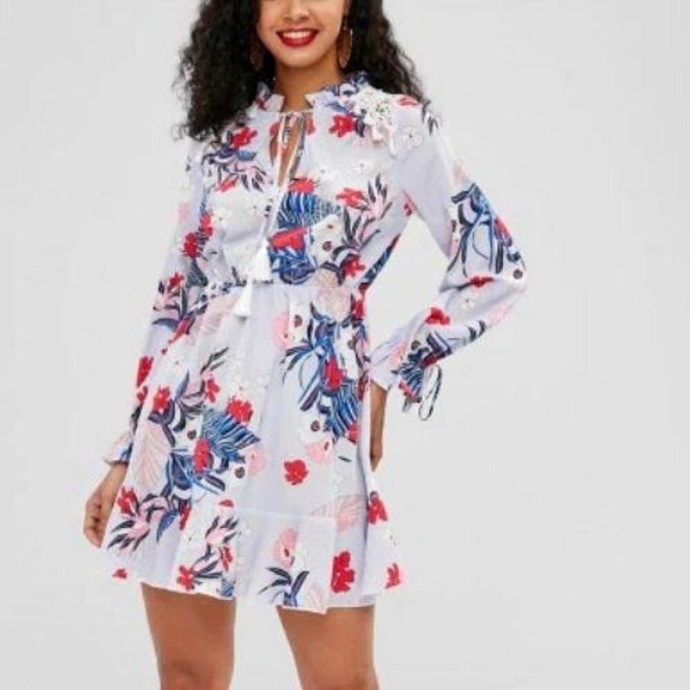 ZAFUL Floral Crochet Tassel Ruffle Boho Mini Dress Size 4